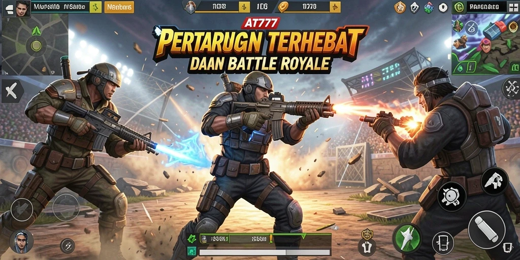 Screenshot utama AT777 menampilkan aksi pertarungan Battle Royale yang seru.