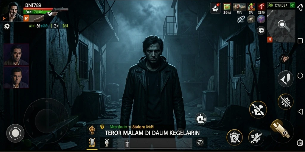 Gameplay BNI789 yang menakutkan dengan suasana kegelapan yang mencekam.