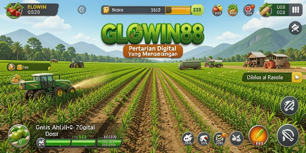 Gameplay Farming menawan di GLOWIN88 memperlihatkan ladang yang subur dan kegiatan.