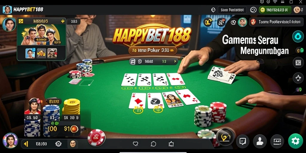 Screenshot permainan poker HAPPYBET188 yang menunjukkan aksi seru di meja.