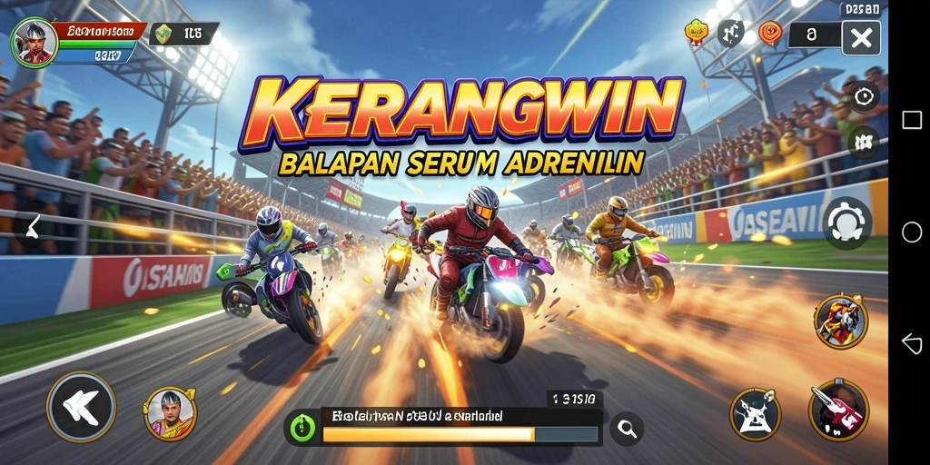 Tangkapan layar utama KERANGWIN menampilkan aksi balapan yang mendebarkan.