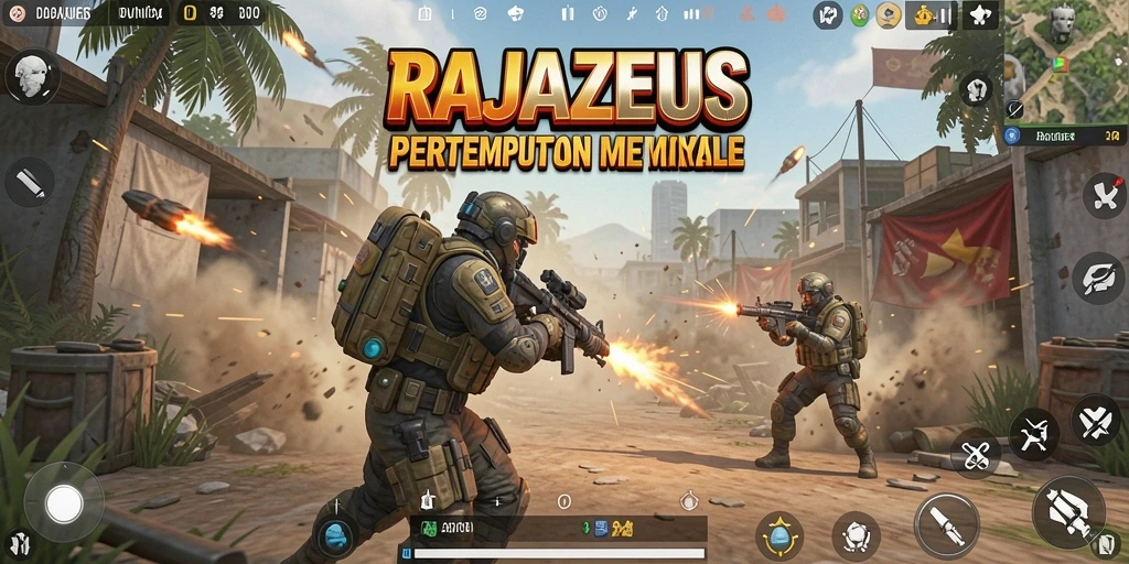 Screenshot gameplay RAJAZEUS menampilkan pertempuran sengit di arena Battle Royale.