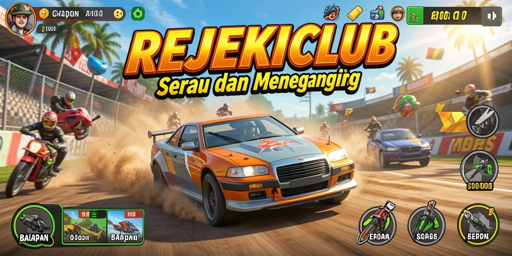 Screenshot utama menampilkan aksi balapan mendebarkan dalam REJEKICLUB.