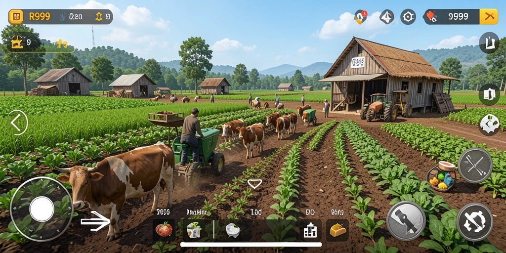 Screenshot gameplay RR999, menampilkan aktivitas bertani yang seru.